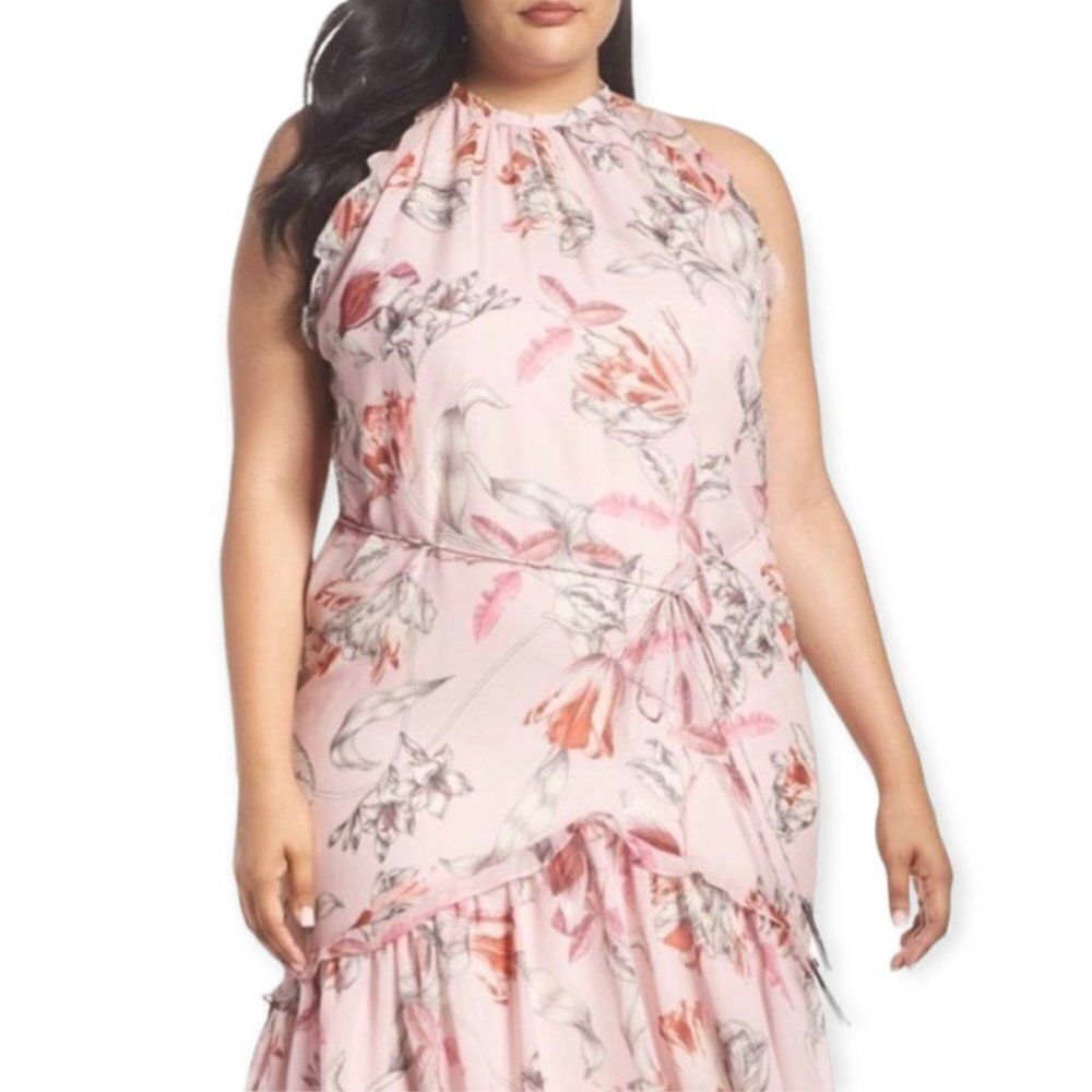 Sleeveless Round Neckline Pink Floral Ruffle Trim Midi Dress NEW